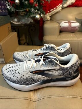 Brooks Ghost 16 Men's Running Shoes - White and Navy with Orange Accents